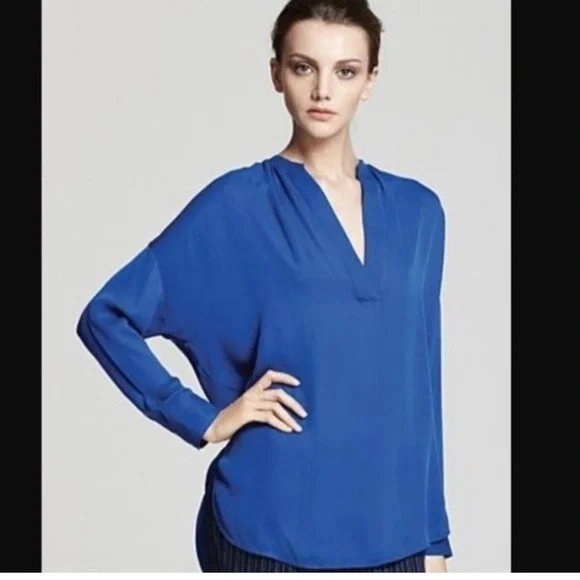 VINCE Half Placket Popover Blouse 100% Silk Royal Blue - Picture 6 of 10